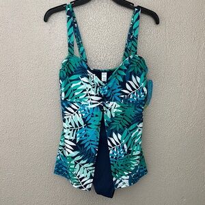 Misses Tropical Escape One Piece Flyaway Swimdress, Size 12, Blue/White/Green